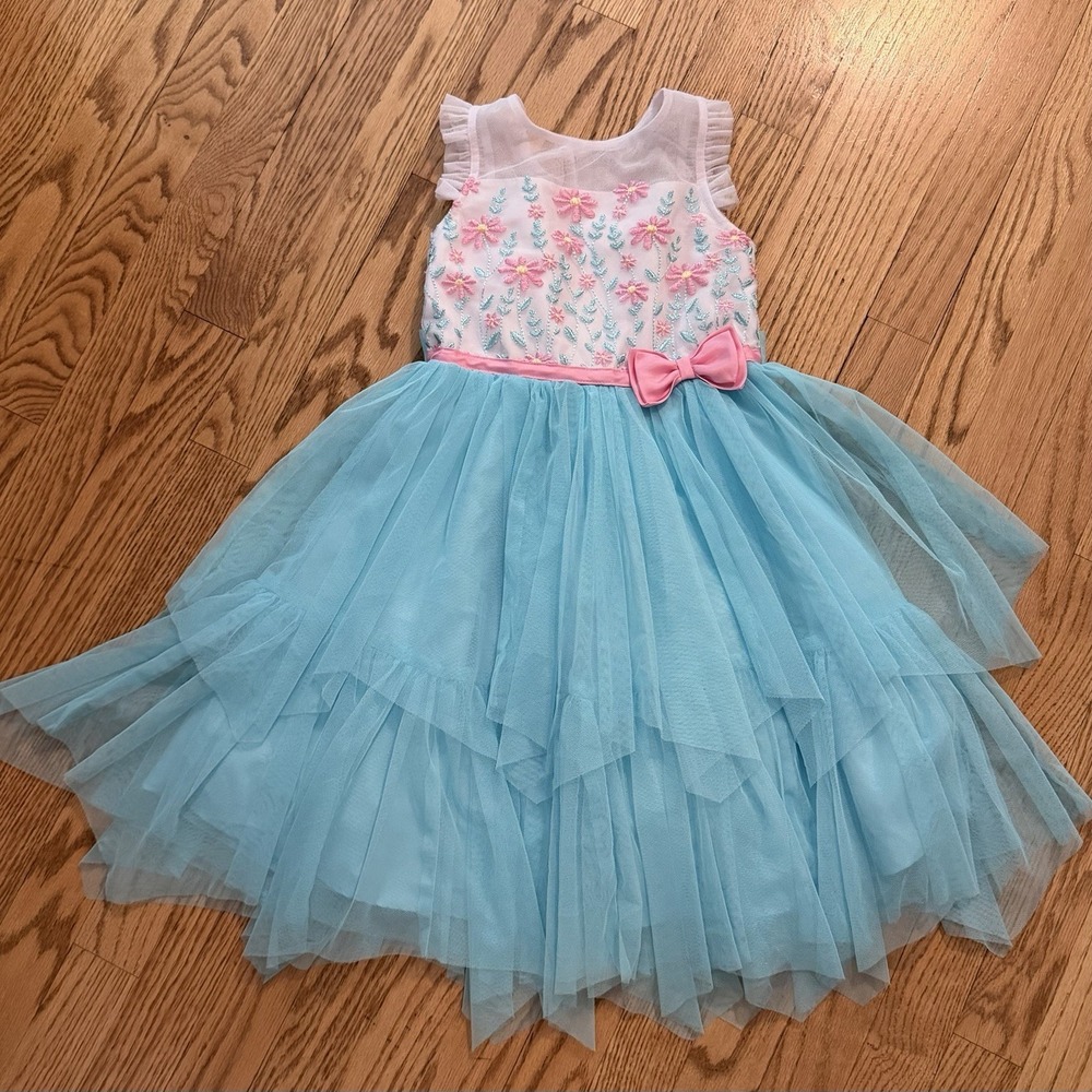 Jona Michelle Girls Dress Size 6 Blue Tulle Floral Embroidered Party Easter